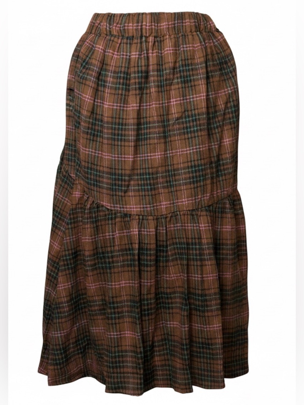 Plaid Tiered Midi Skirt in Brown and Pink